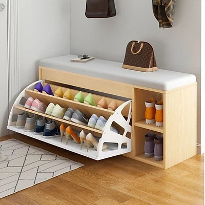 Tủ Giày Gỗ MDF Chống Ẩm Cánh Lật Siêu Gọn 3 Ngăn Có Hộc Và Đệm Da Ngồi Sang Trọng VANDO