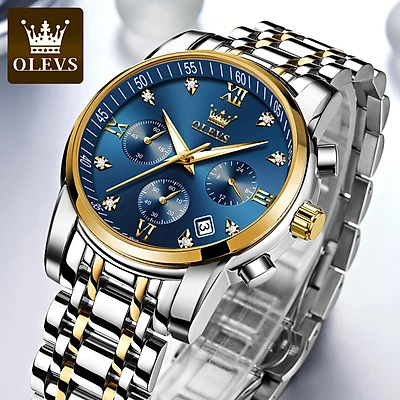 Đồng Hồ Nam OLEVS-2858 Mặt Tròn Mạ Vàng 18k Chống Nước Chạy Đủ 6 Kim Có Ô Lịch Ngày Khóa Bướm Có Hộp In Logo Chính Hãng