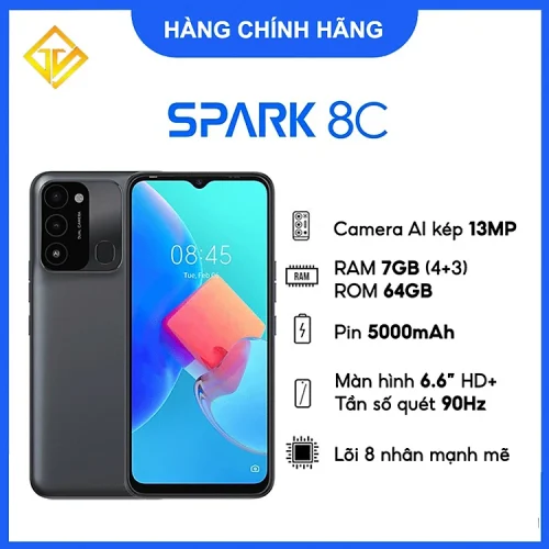 Điện thoại TECNO Spark 8C (4GB+3GB/64GB) - Pin 5000 mAh 6.6" HD+ 90Hz - Hàng chính hãng