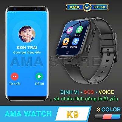 Đồng hồ Định vị Gọi Video Call 4G GPS Nhỏ gọn Pin Trâu Chống nước Model AMA Watch K9 Thông minh | Màu Đen, Hồng, Xanh Hàng nhập khẩu